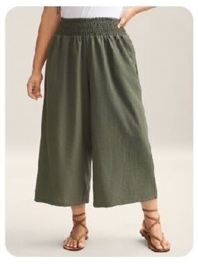 BloomChic Army Green Shirred Waist Wide-Leg Pants